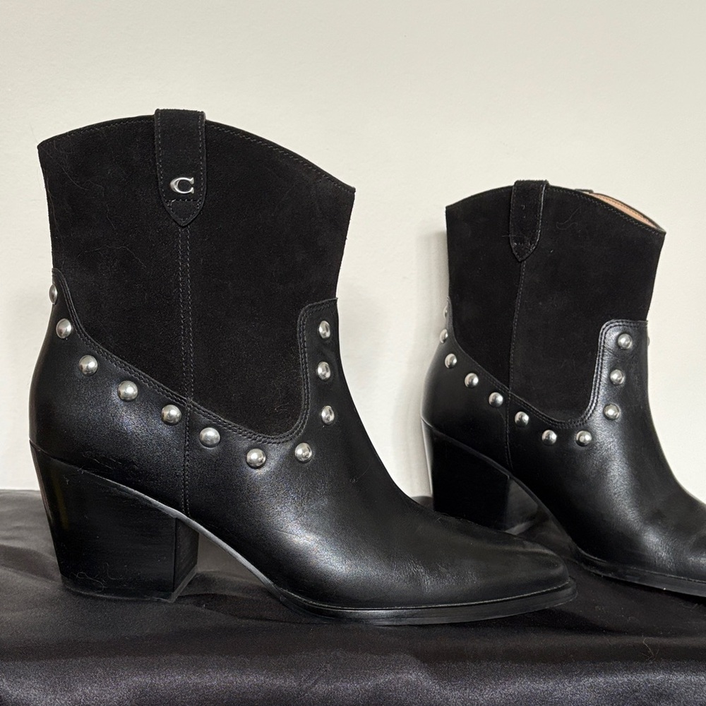 Coach Black Leather Heeled Boots with Silver Accents